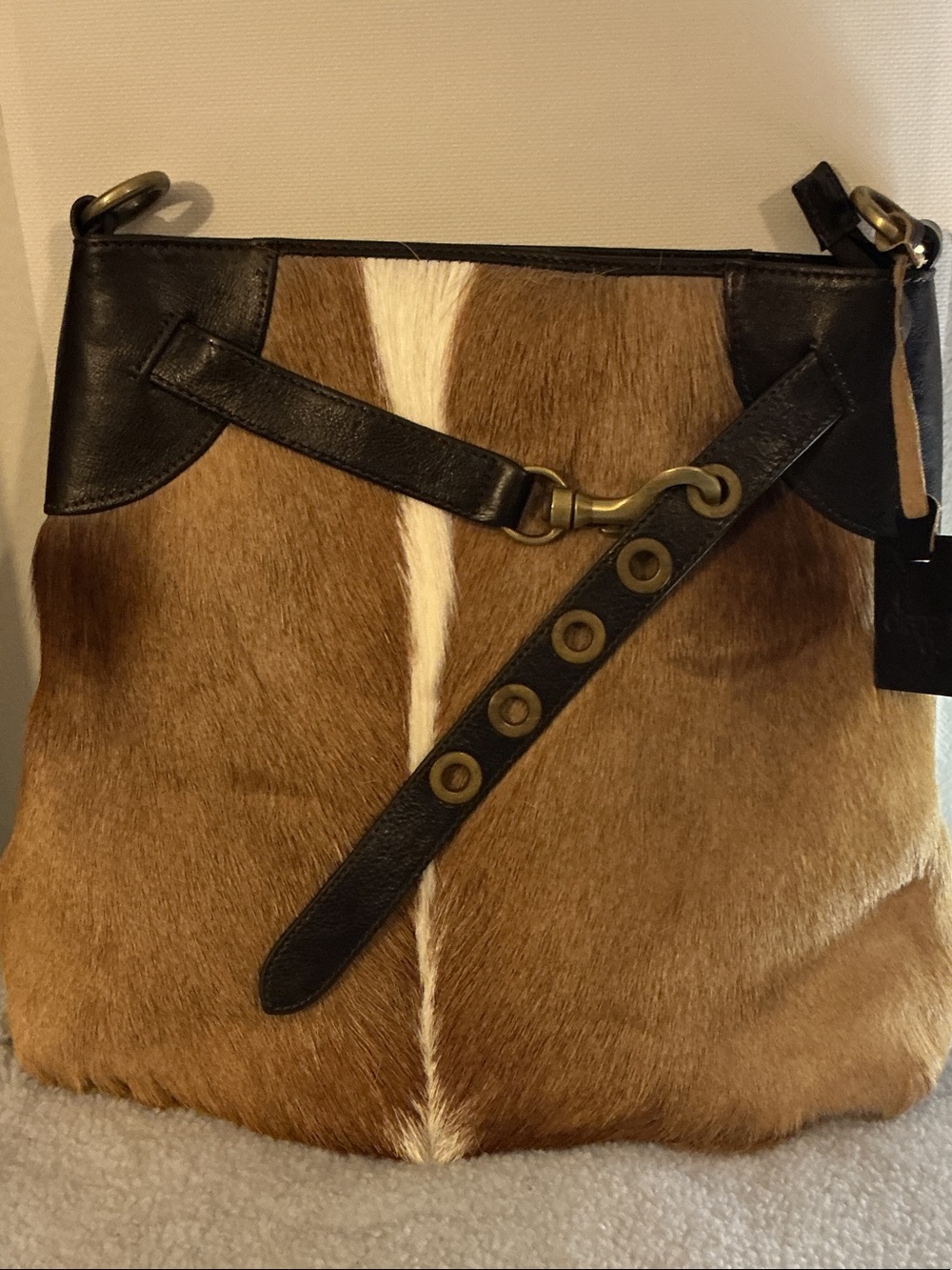 Haircalf Crossbody Bag with Black Leather Trim